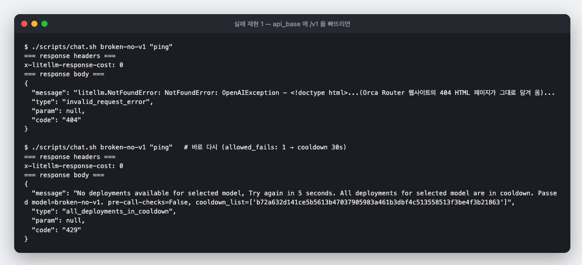 api_base 에v1 이 없을 때의 404 와, 바로 다음 호출의 429 cooldown