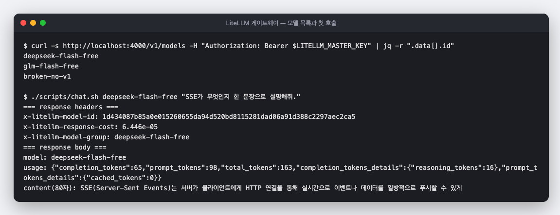 게이트웨이의 모델 목록과 첫 chat completion 호출
