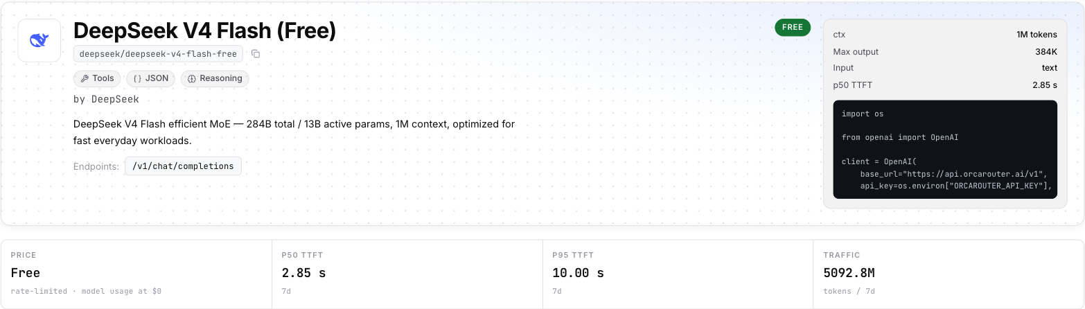 Orca Router의 DeepSeek V4 Flash (Free) 모델 페이지