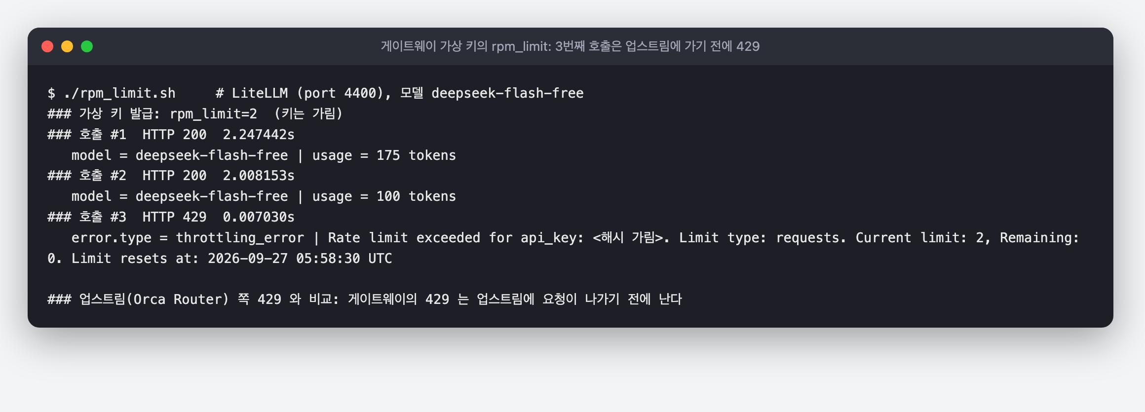 rpm_limit=2 인 LiteLLM 가상 키로 세 번 호출. 1·2번은 200 이고 약 2초, 3번은 429 throttling_error 이고 7ms